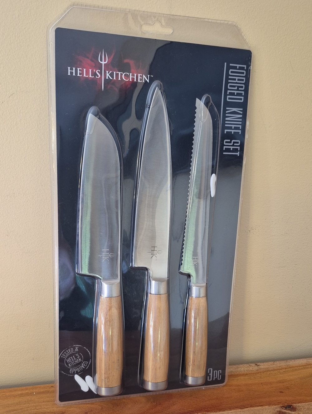 NEW Hell's Kitchen 3-Piece Wood Handle Forged Knife Set